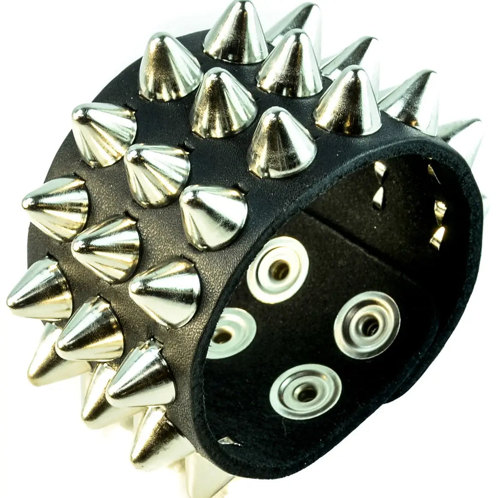 Three Row UK77 Conehead Bracelet, worn on wrist showing tall stud projection