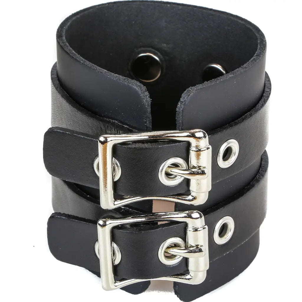 Two Buckle D-Ring Cuff Bracelet, wide leather with two horizontal strap and buckle detail