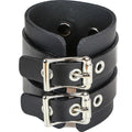 Two Buckle D-Ring Cuff Bracelet, wide leather with two horizontal strap and buckle detail