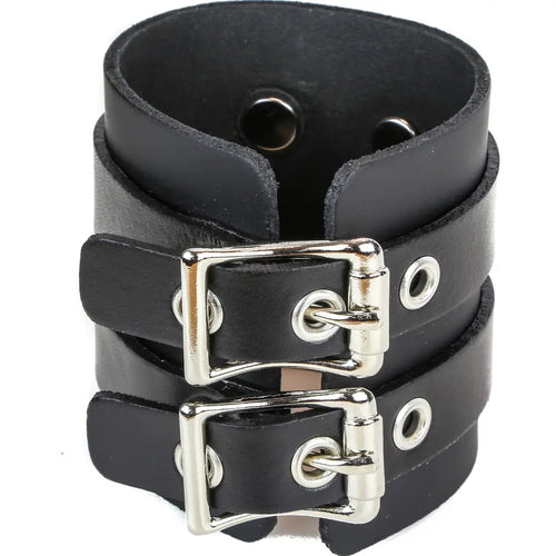Two Buckle D-Ring Cuff Bracelet, wide leather with two horizontal strap and buckle detail