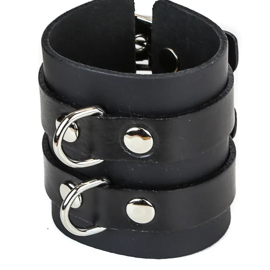 Two Buckle D-Ring Cuff Bracelet, close-up of D-rings and buckle hardware