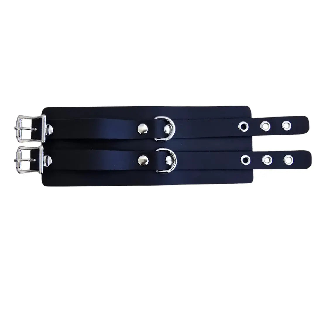 Two Buckle D-Ring Cuff Bracelet, flat laid showing full width and dual buckles