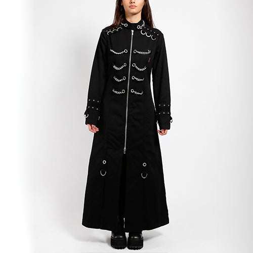 Black Tripp NYC full-length chain eyelet coat with chest chains and stand collar