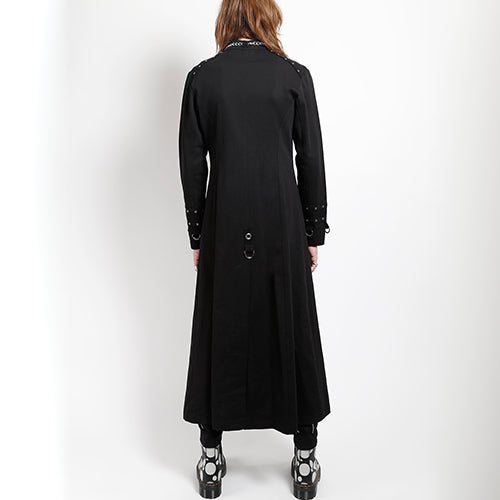 Black Tripp NYC full-length chain eyelet coat with chest chains and stand collar