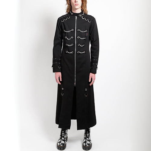 Black Tripp NYC full-length chain eyelet coat with chest chains and stand collar
