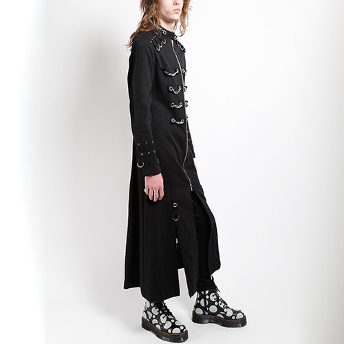 Black Tripp NYC full-length chain eyelet coat with chest chains and stand collar