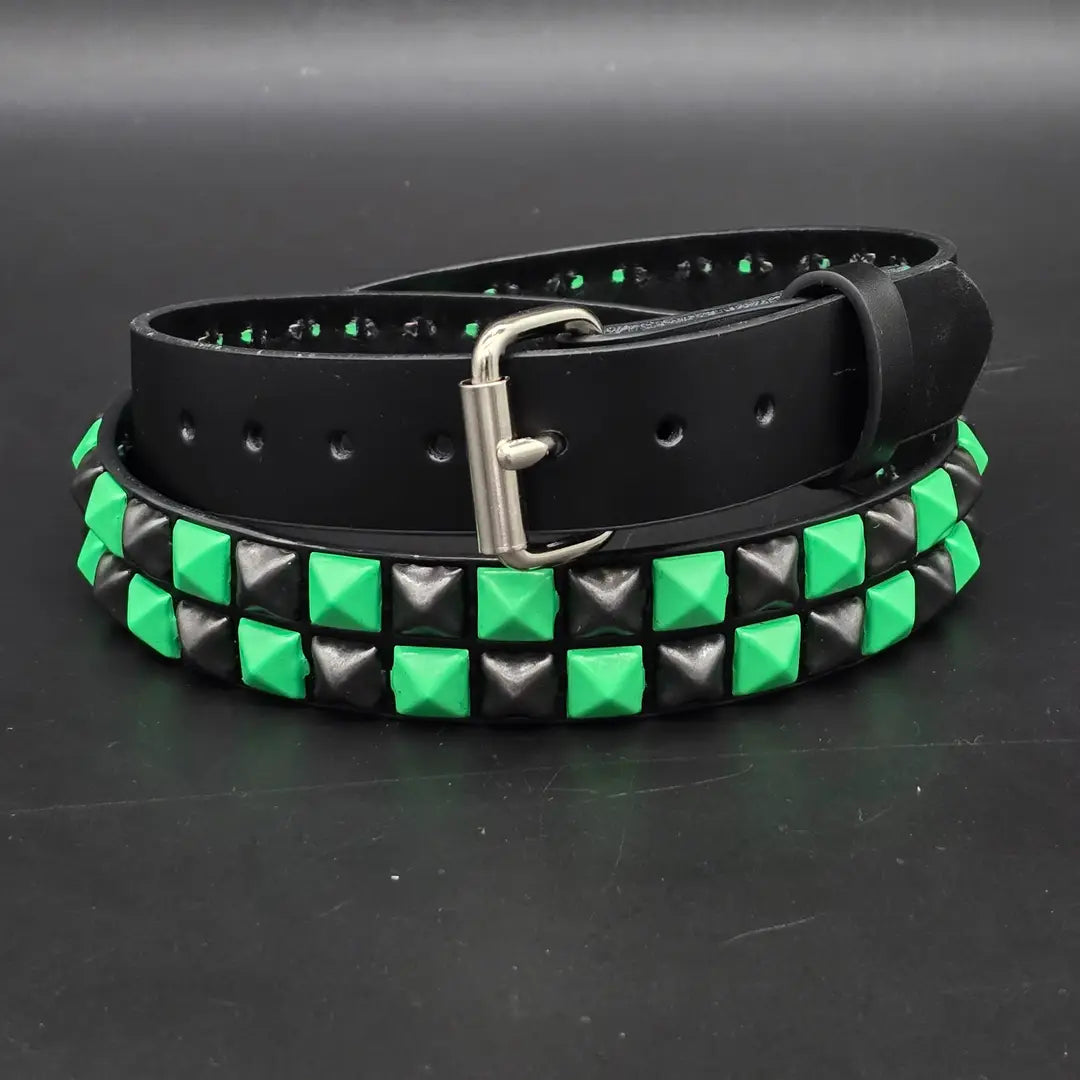 Powder Coated Green Checkered Pyramid Belt, coiled front view showing buckle