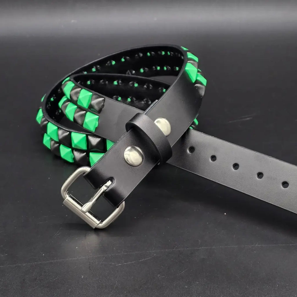 Powder Coated Green Checkered Pyramid Belt, keeper loop and buckle detail