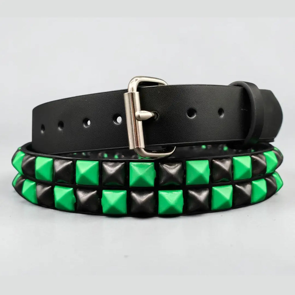 Powder Coated Green Checkered Pyramid Belt, green and black checkerboard studs front view