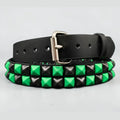 Powder Coated Green Checkered Pyramid Belt, green and black checkerboard studs front view
