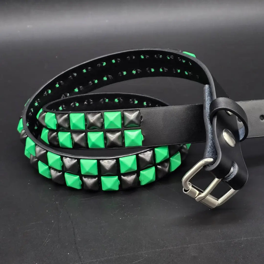 Powder Coated Green Checkered Pyramid Belt, coiled showing interior and buckle