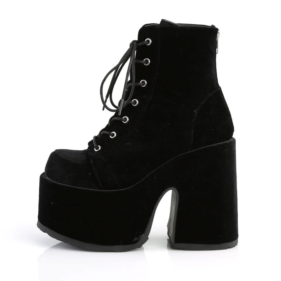 Camel Velvet Platform Ankle Boots