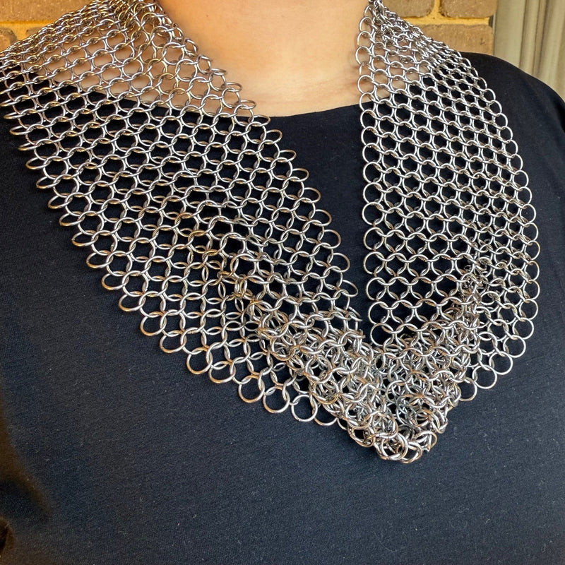 Kaiko chain maille necklace scarf worn draped over a black top
