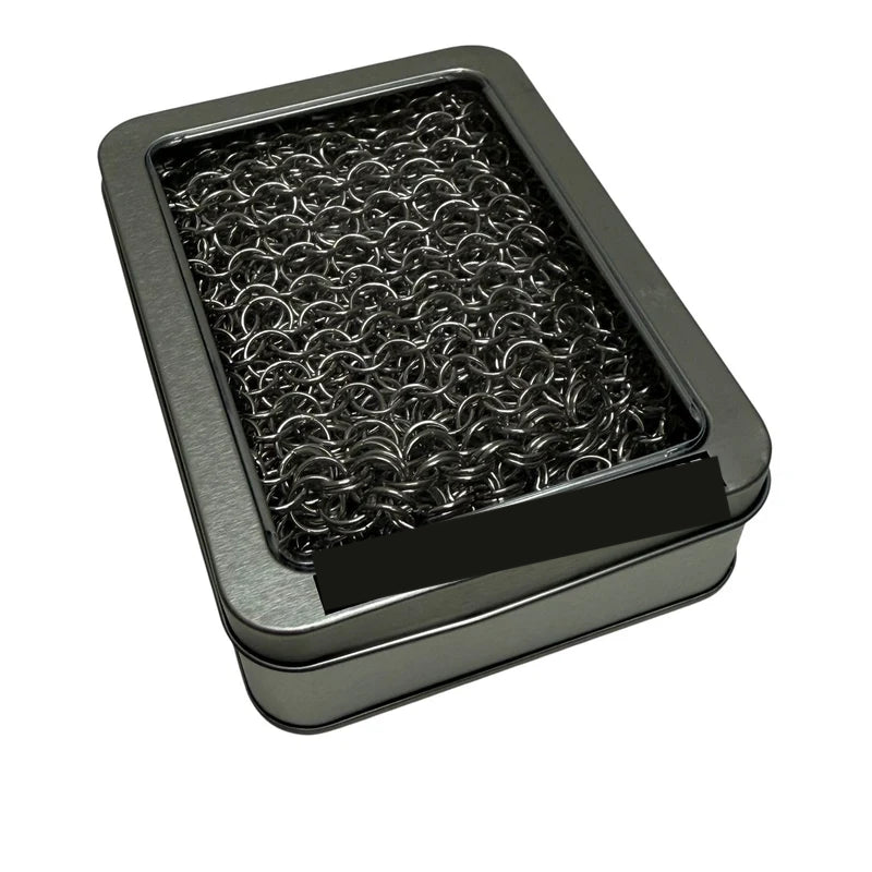 Chain maille necklace scarf packaged in a hinged window tin