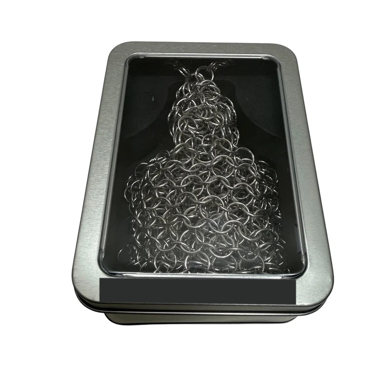 Chain maille tie packaged inside the window tin