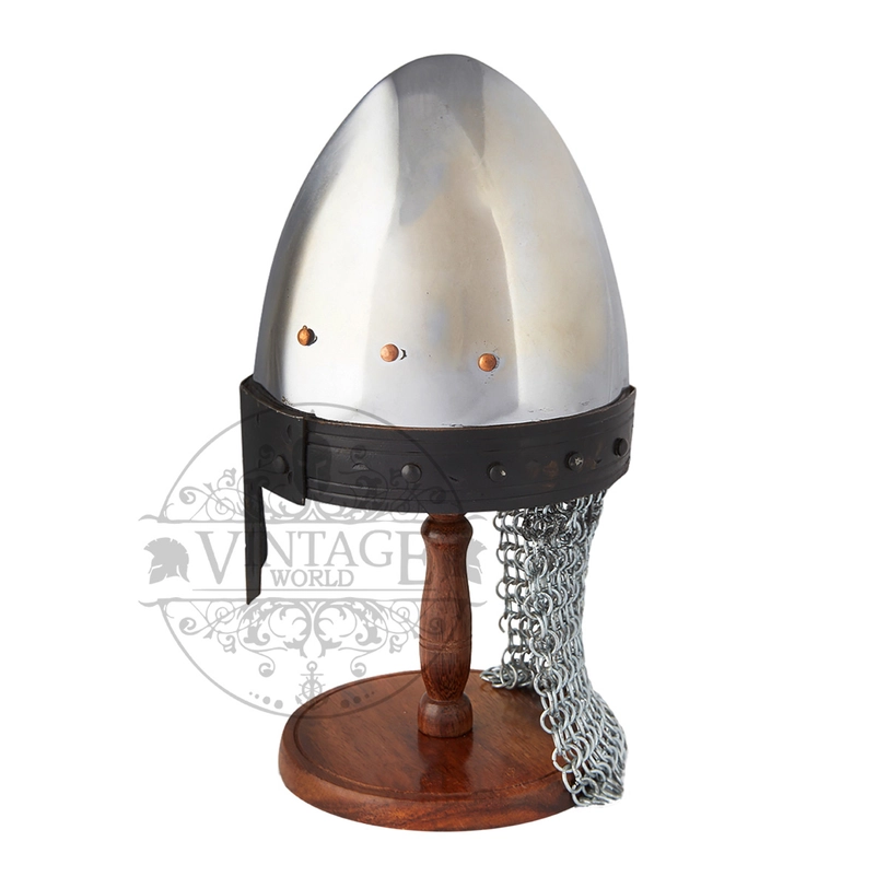 Norman nasal miniature helmet with chainmail aventail on wood stand