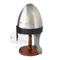Norman nasal miniature helmet with chainmail aventail on wood stand