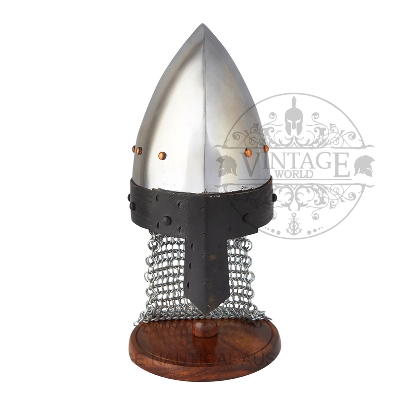 Norman nasal miniature helmet with chainmail aventail on wood stand