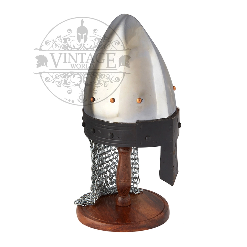 Norman nasal miniature helmet with chainmail aventail on wood stand