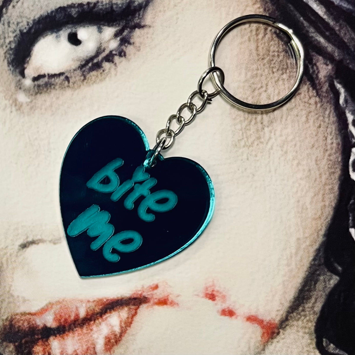 Bite Me Mirror Heart Keyring