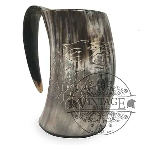 Viking horn tankard with etched wolf head