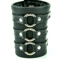 Three Ring Short Gauntlet Bracelet, front view of three chrome O-rings on horizontal strap loops