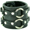 Double Ring Leather Bracelet, wide cuff with two chrome O-rings on horizontal strap loops