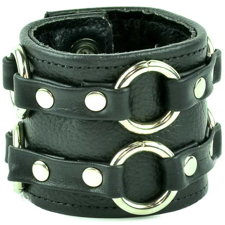 Double Ring Leather Bracelet, wide cuff with two chrome O-rings on horizontal strap loops