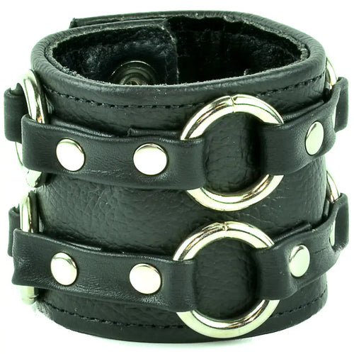 Double Ring Leather Bracelet, wide cuff with two chrome O-rings on horizontal strap loops