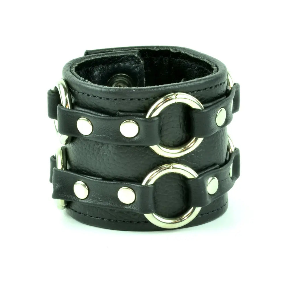 Double Ring Leather Bracelet, front view showing two O-rings and snap closure