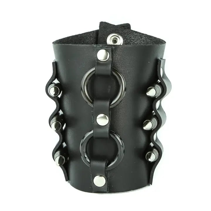 FB138 Silver Cuff, front view showing silver bullet studs and black O-rings interwoven pattern