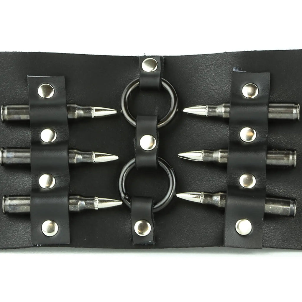 FB138 Silver Cuff, flat detail view of bullet studs threaded through black O-rings