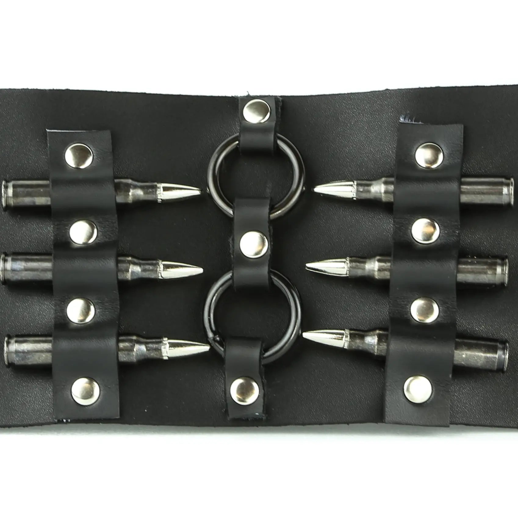 FB138 Silver Cuff, flat detail view of bullet studs threaded through black O-rings