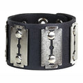 Razor Blade Leather Bracelet, silver metal razor blade shapes with centre slot cutouts on wide black leather