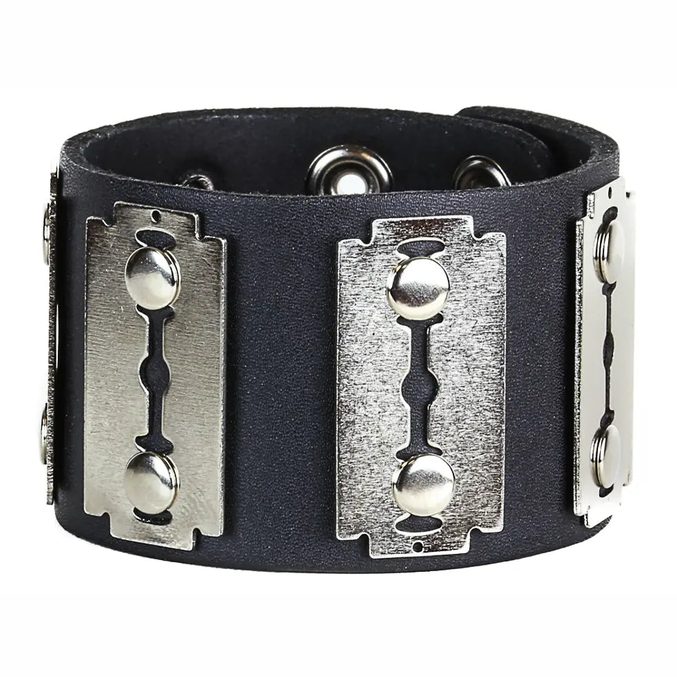 Razor Blade Leather Bracelet, silver metal razor blade shapes with centre slot cutouts on wide black leather