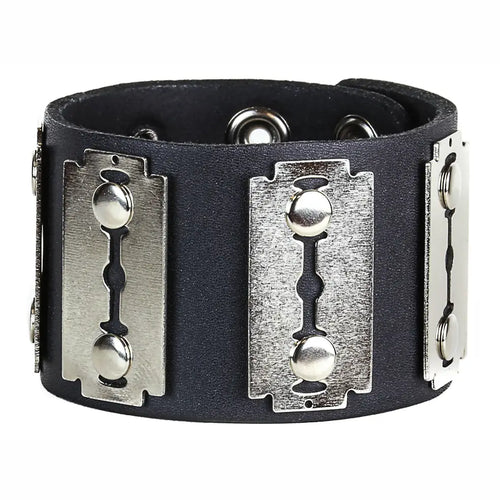 Razor Blade Leather Bracelet, silver metal razor blade shapes with centre slot cutouts on wide black leather