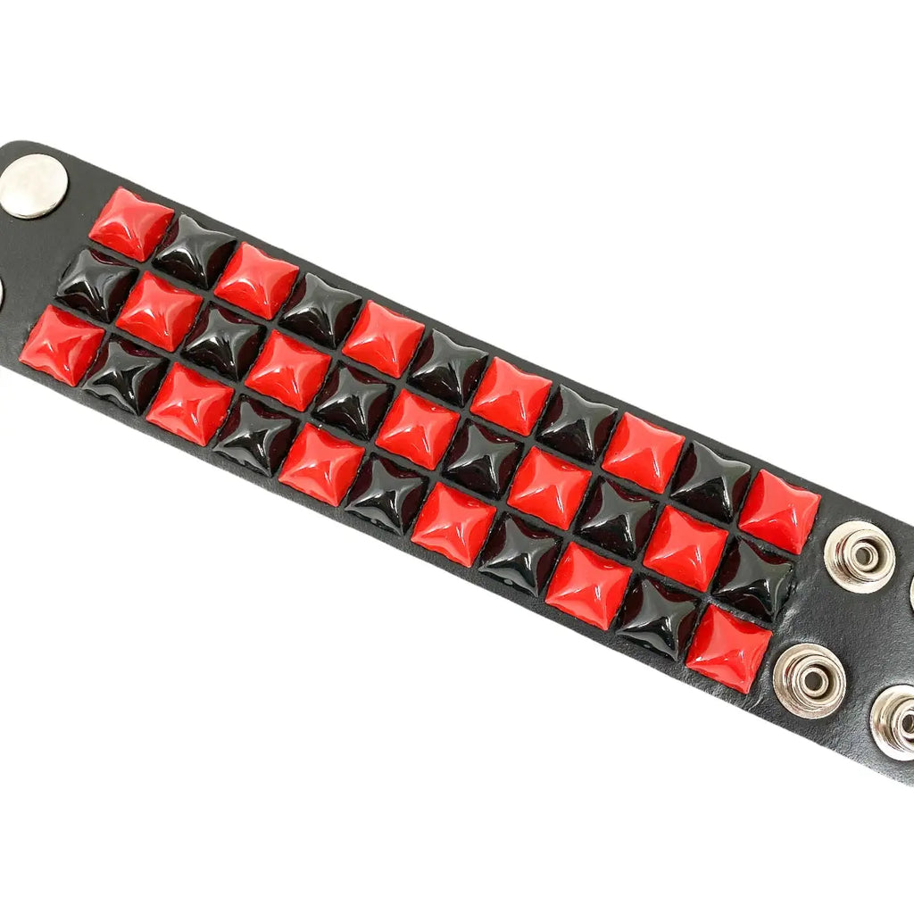 Three Pyramid Stud Checkered Snap Cuff, flat laid showing full length