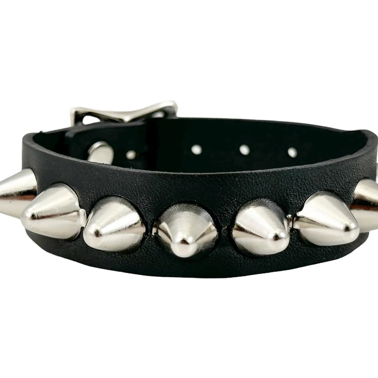 UK77 Studded Buckle Bracelet, front detail of chrome spike studs