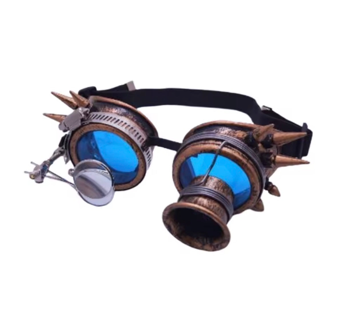 Bronze steampunk goggles with blue lenses and spiked sides, view 2
