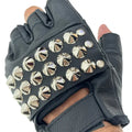 Conical Studded Fingerless Gloves, five rows of chrome studs across back of hand, worn view