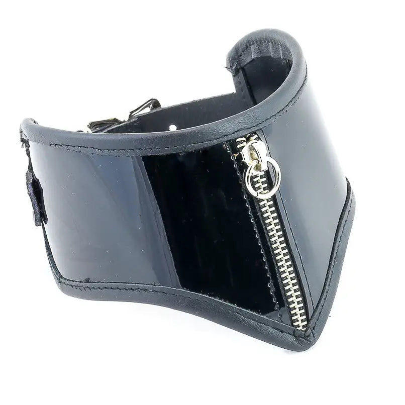 Zipper Wallet Posture Collar, black patent leather with vertical zipper and O-ring pull