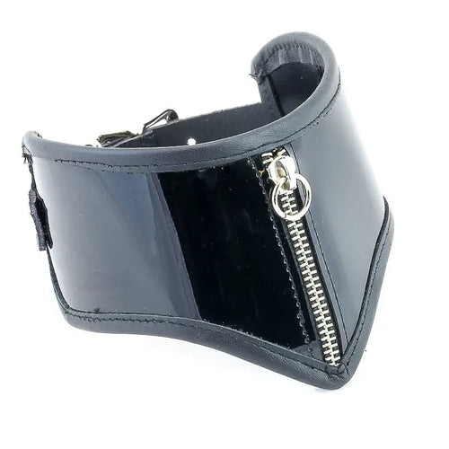 Zipper Wallet Posture Collar, black patent leather with vertical zipper and O-ring pull