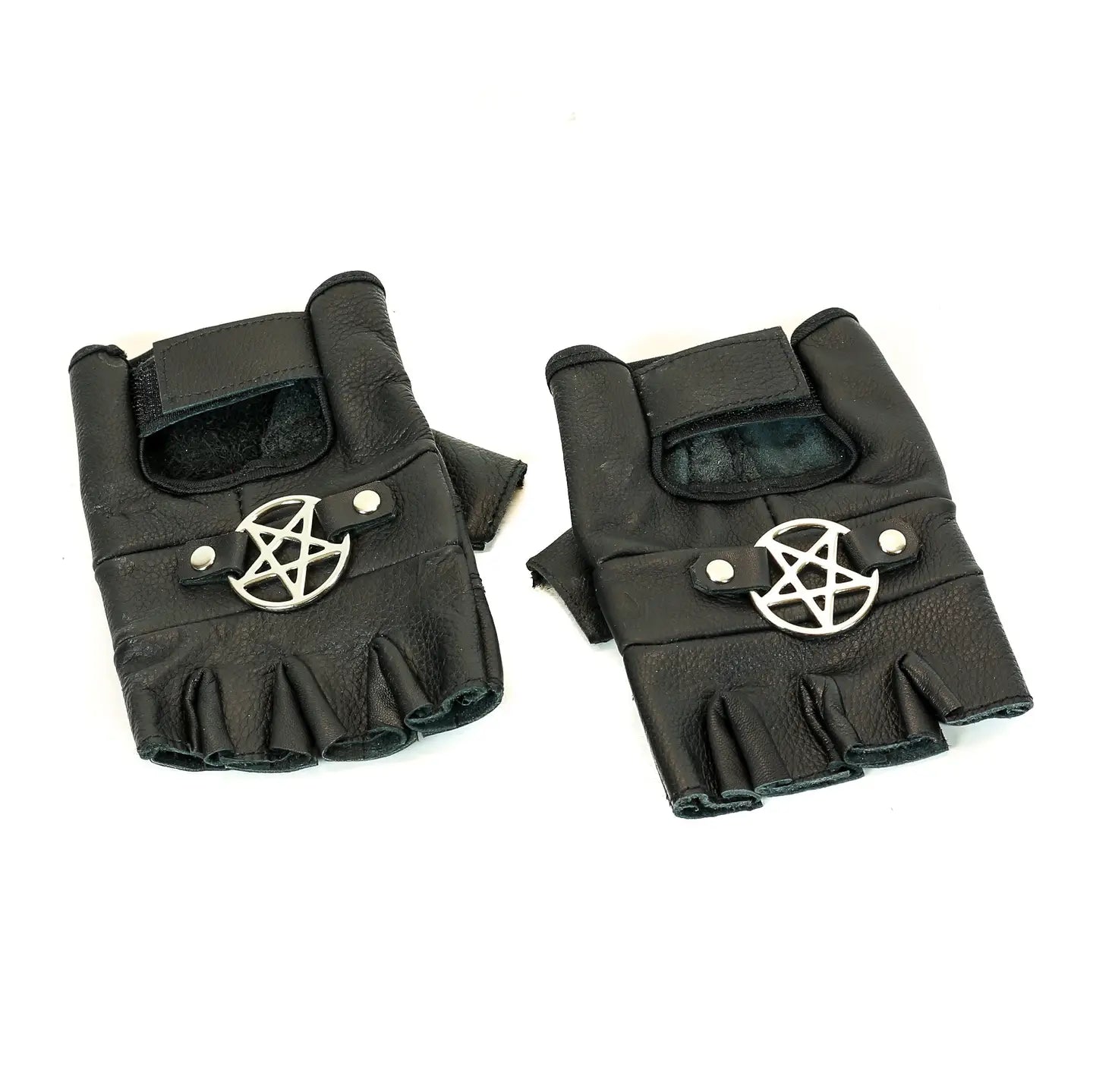 Pentagram Fingerless Gloves, pair top view showing silver pentagram medallions
