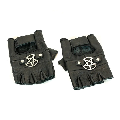 Pentagram Fingerless Gloves, pair top view showing silver pentagram medallions