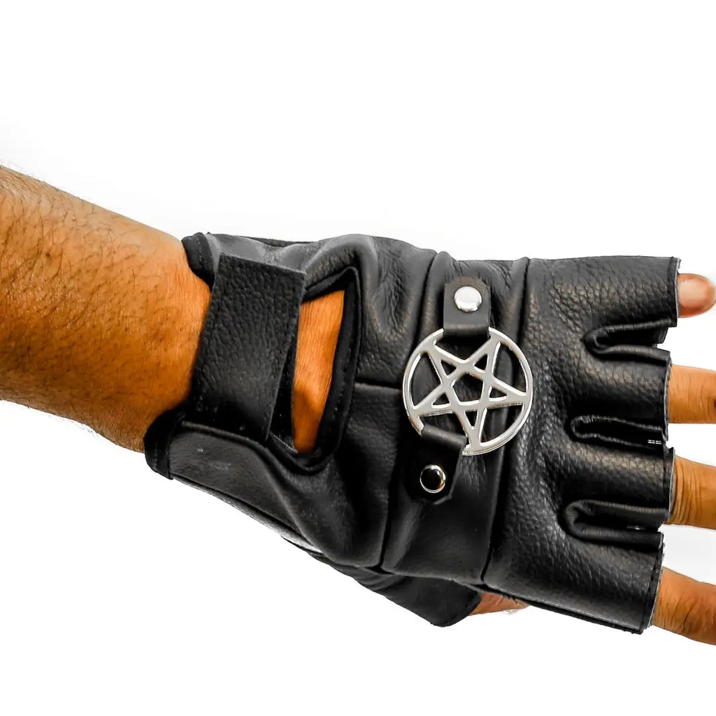 Pentagram Fingerless Gloves, worn on hand showing pentagram detail