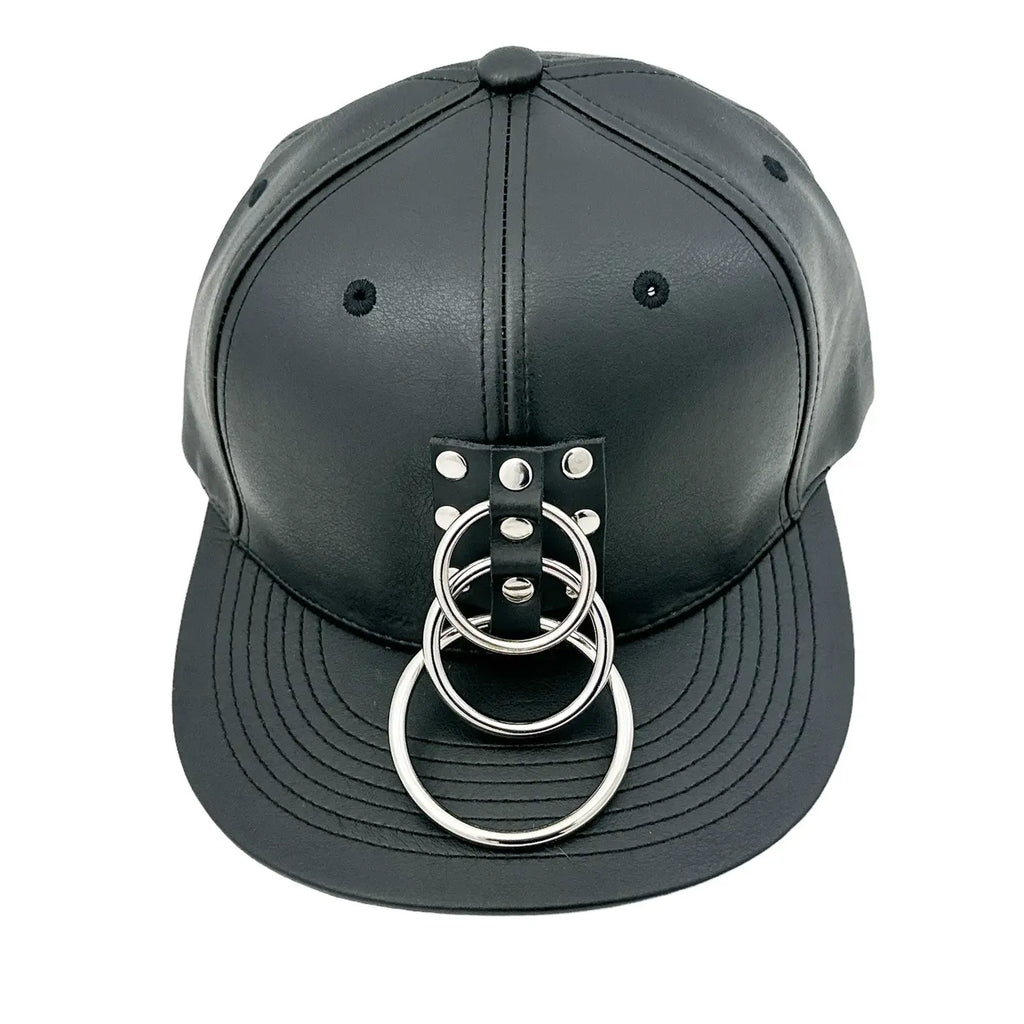 Three Ring Bondage Baseball Hat, front view showing graduated O-rings hanging over brim
