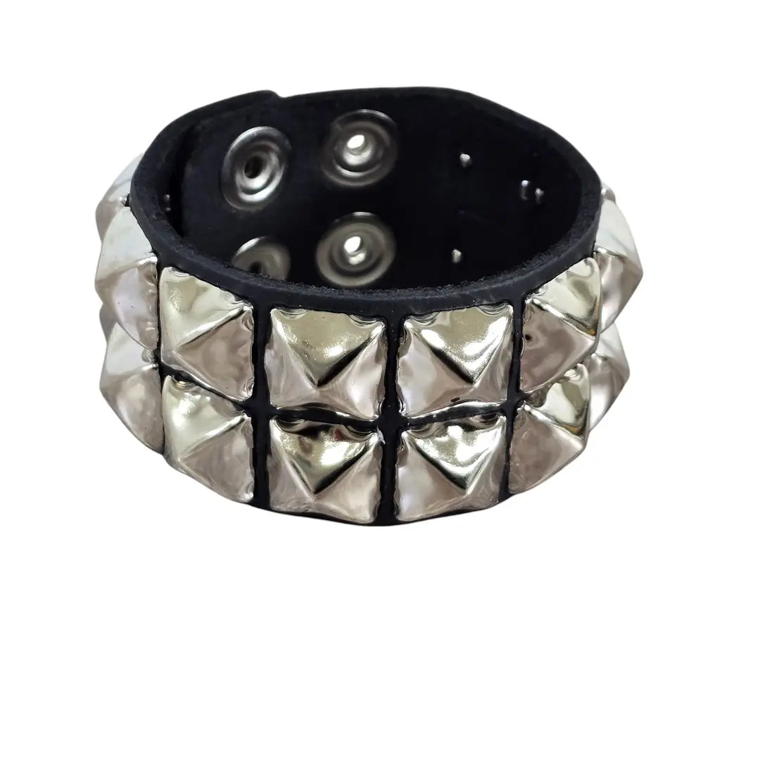 Pyramid Studded Leather Snap Bracelet, two row 5/8 inch chrome pyramid variant