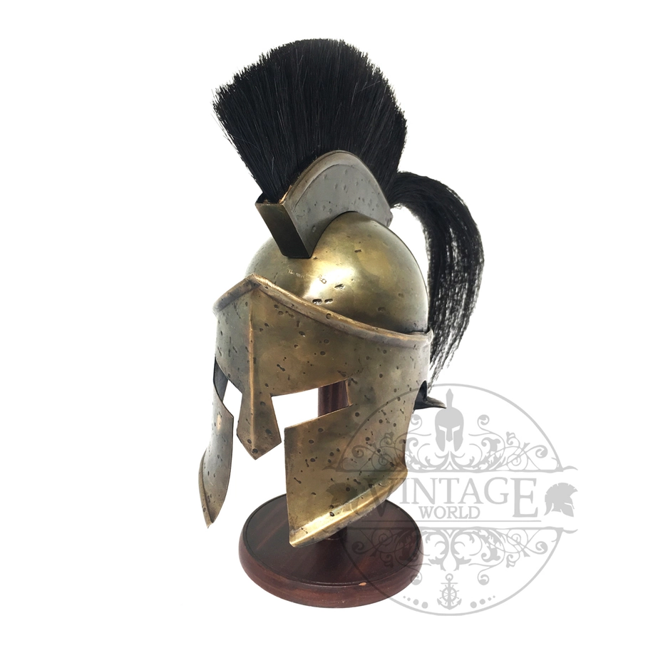 Spartan Corinthian miniature helmet with horsehair crest on wood stand