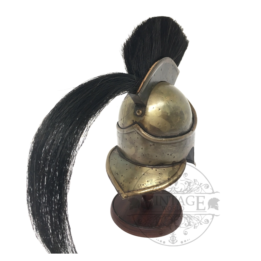 Spartan Corinthian miniature helmet with horsehair crest on wood stand