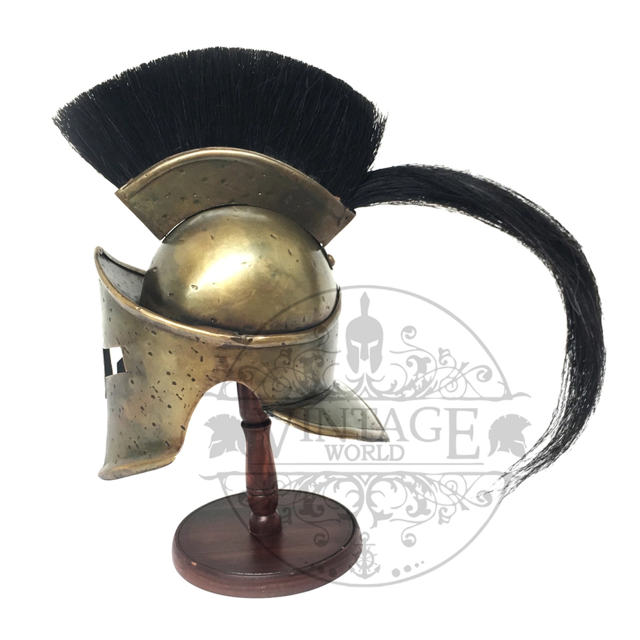 Spartan Corinthian miniature helmet with horsehair crest on wood stand